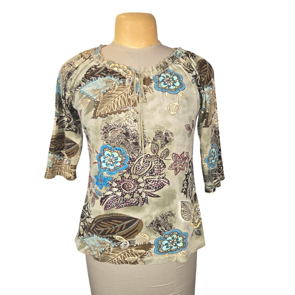 Shana K Boho Peasant Top Medium Beige Blue Floral Sequins Stretch Y2K‎ Fairycore